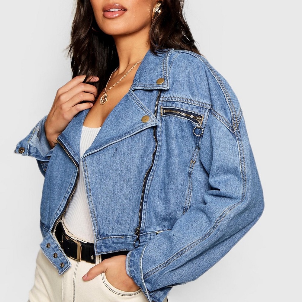 NWT Crop Biker Zip Denim Jacket